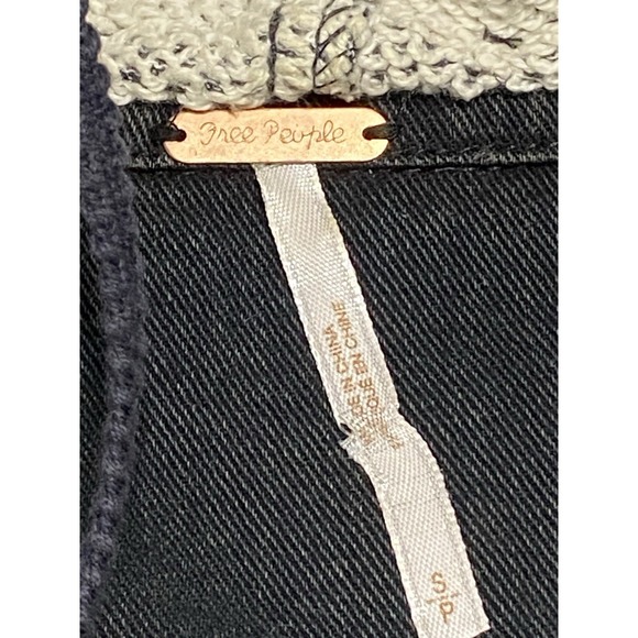 Free People Women's Small Black Distressed Denim Jacket Knit Sleeves Hood Grunge - Picture 4 of 12